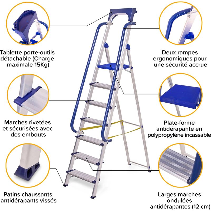 Escabeau 7 marches Secure pro, aluminium renforcé, sécurisé avec rampes, tablette porte-outils, hauteur plateforme 158cm, charge 150kg Hostrom Plate - Image 4
