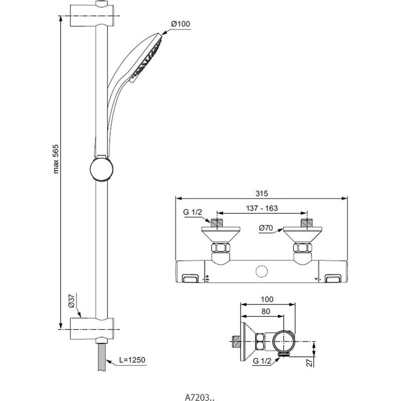 Ideal Standard CeraTherm - Colonne de douche T25 avec thermostat, 3 jets, chrome A7203AA - Image 3