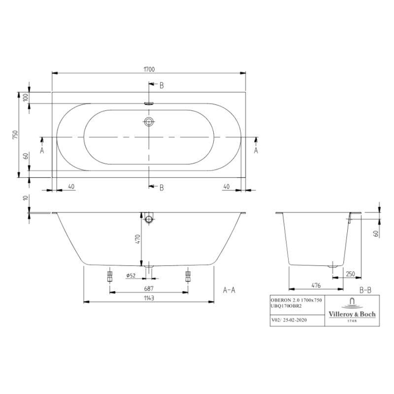 Villeroy & Boch – Baignoire rectangulaire Quaryl 170x75x47 cm – 2 places – Évacuation centrale 52 mm – Volume 238 l – SKU UBQ170OBR2DV01 - Image 4
