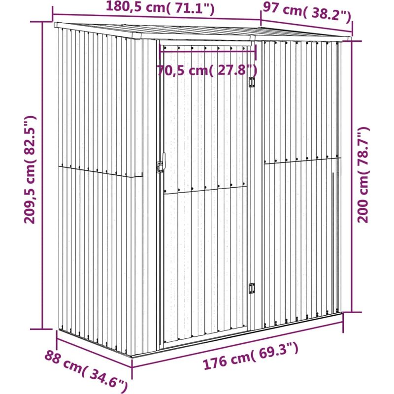 Vidaxl – Abri de jardin métal 180,5 x 97 x 209,5 cm – Acier galvanisé – Toit en pente pour évacuation des eaux – Porte verrouillable - Image 3