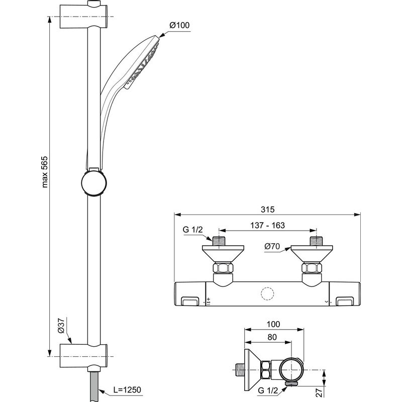 Ideal Standard CeraTherm - Colonne de douche T25 avec thermostat, 3 jets, chrome A7203AA - Image 5
