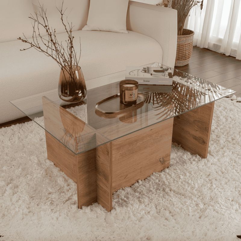 Calicosy – Table basse fixe 105x65x40 cm en verre trempé – Structure en panneaux de particules – Résistante aux chocs – Design contemporain - Image 2