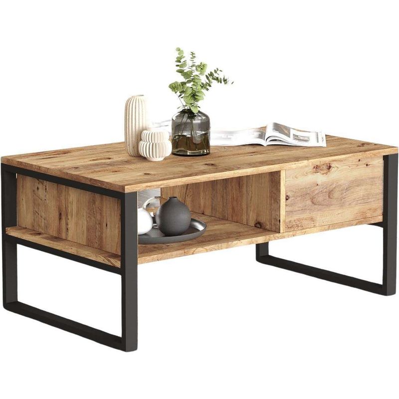 Cotecosy – Table basse fixe 2 niveaux 100×59,7×44,4 cm – Décor effet chêne et noir – Panneaux de particules 18 mm – Idéale pour rangement livres et - Image 6