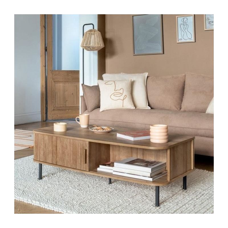 Atmosphera – Table basse fixe 120x60cm – 2 portes coulissantes – MDF et acier – Style scandinave – Rangement pour magazines et télécommandes - Image 7