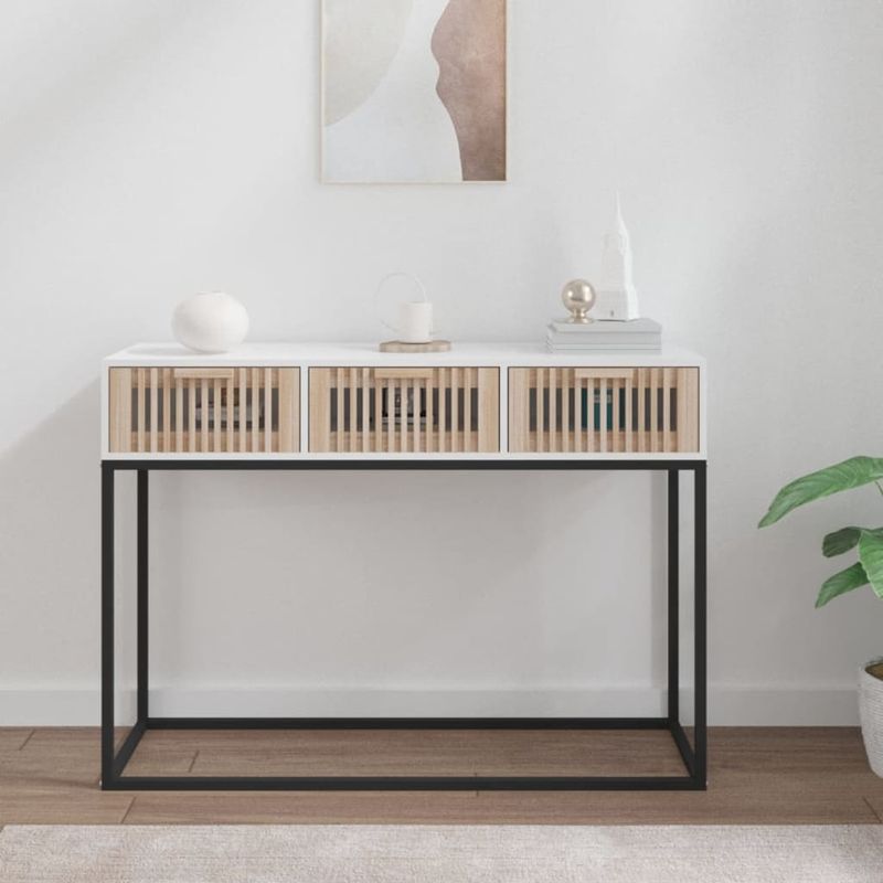 Vidaxl – Table console blanche 105x30x75 cm – Bois d'ingénierie résistant à l'humidité – Pieds en métal pour stabilité – 3 tiroirs de rangement