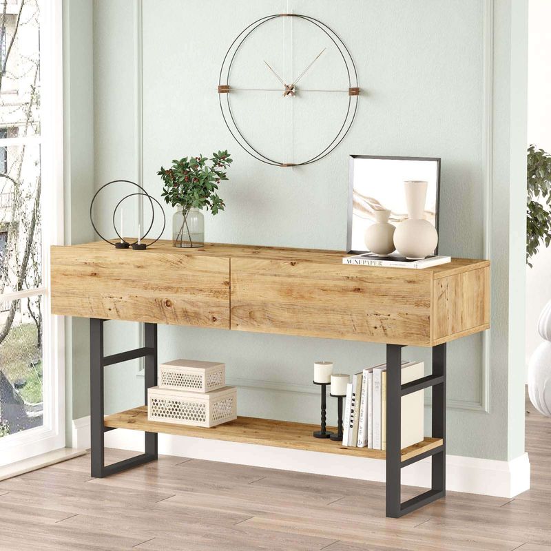 Cotecosy – Console 2 tiroirs 138,8×43×75,7 cm – Décor naturel et noir – Finition papier décor effet chêne – Idéal pour rangement et décoration - Image 3