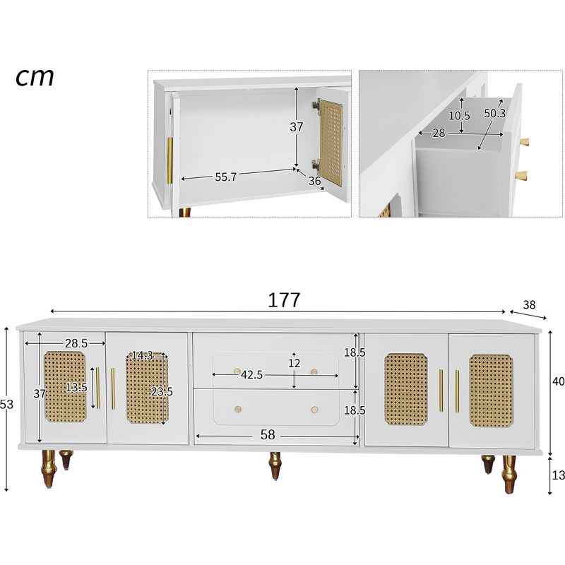 Neche – Meuble TV vintage blanc avec 2 tiroirs et 2 compartiments – Portes en rotin PVC – Dimensions 177x38x53cm – Pieds dorés élégants - Image 5