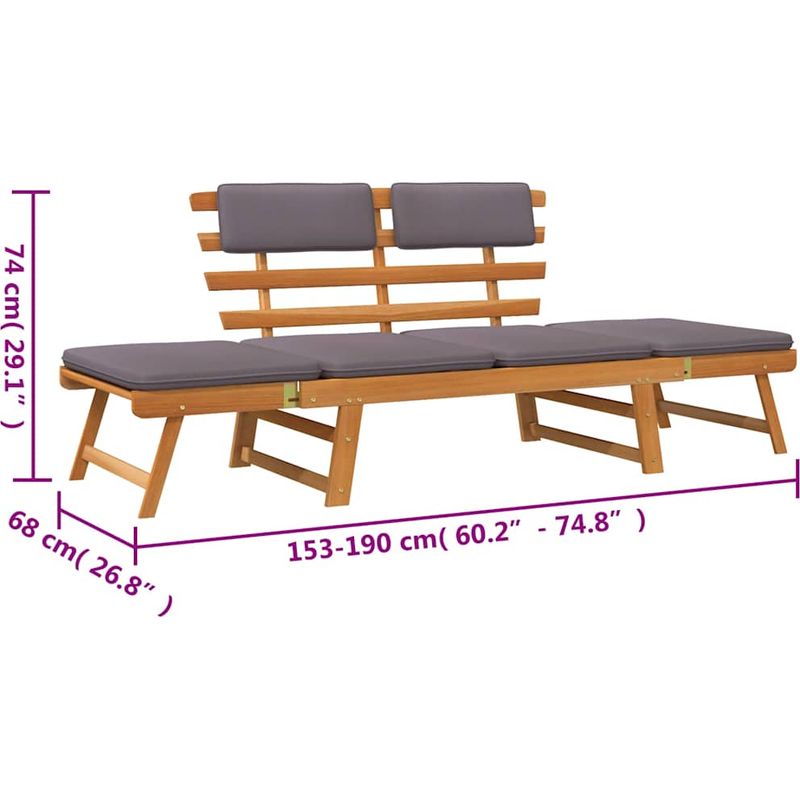 Vidaxl – Chaise longue 2-en-1 en bois d'acacia 190 cm – Coussins amovibles – Résistante aux intempéries – Pour extérieur Support - Image 3