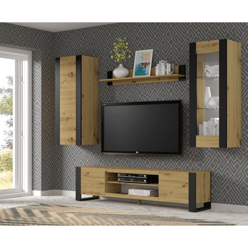 Bim Furniture – Vitrine chêne artisanal avec cadres noirs – Dimensions 125x48x40cm – 2 étagères en verre – Design moderne pour salon - Image 7