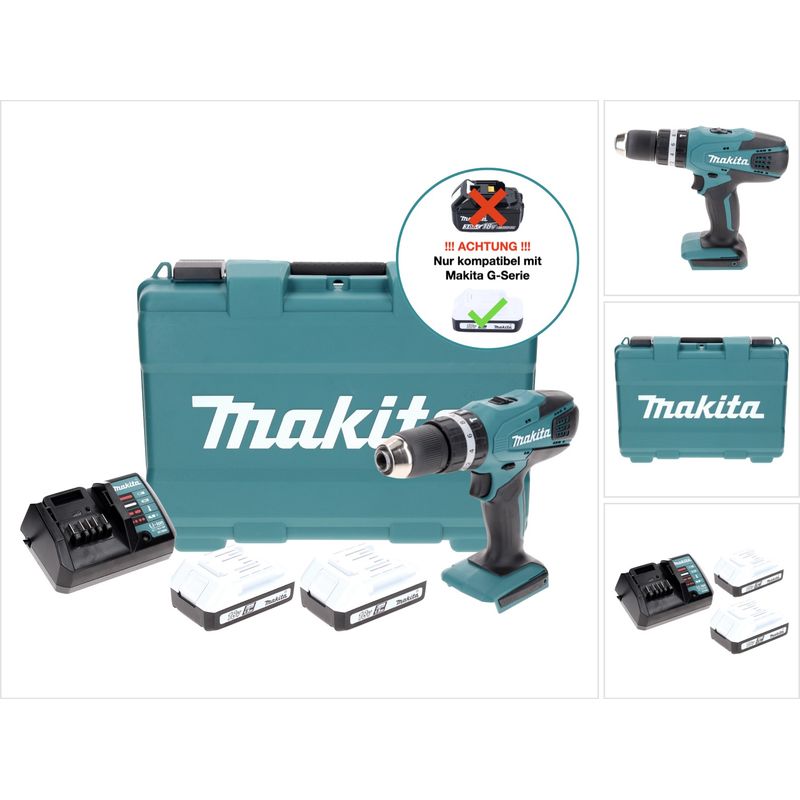 Makita – Perceuse à percussion HP457DWE 18V 2 vitesses – 2 batteries 1,5Ah Li-ion – Mandrin auto-serrant 13mm – Couple 30Nm pour perçage béton