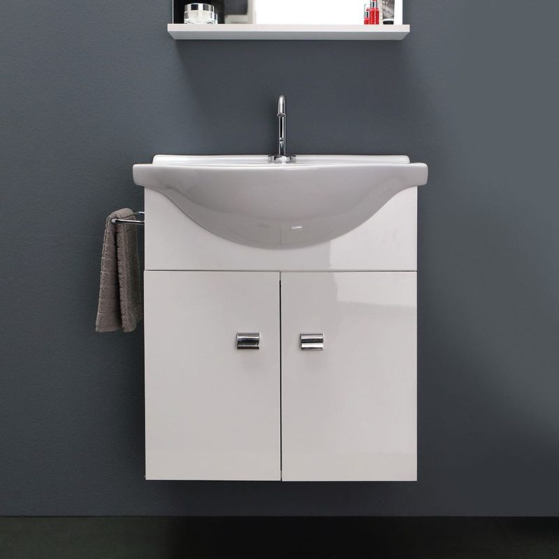 Kiamami Valentina – Meuble sous vasque simple blanc 56,5 cm – Lavabo céramique 56,5 cm – Miroir avec éclairage LED – Panneau bois laminé brillant - Image 3