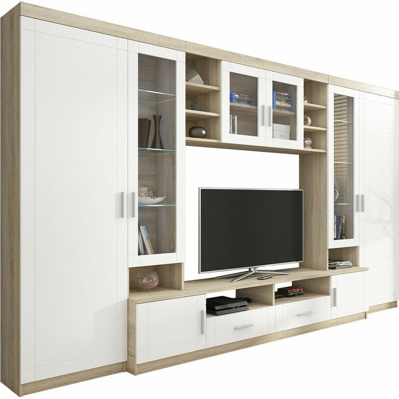 Mobilier1 – Ensemble de meubles de salon Tucson 108 – Chêne Sonoma et blanc – Largeur 340 cm, hauteur 198 cm, épaisseur 1.6 cm – Éclairage LED intégré