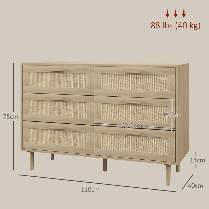 Homcom – Commode enfant 6 tiroirs en rotin – Dimensions 110L x 40l x 75H cm – Meuble de rangement élégant en bois clair – Dispositif - Image 5
