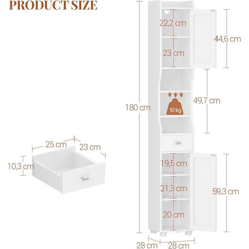 Meuble de rangement salle de bain haut 180 cm – 2 portes, 1 tiroir, étagères réglables – Design moderne blanc – Pour espaces confinés - Image 5