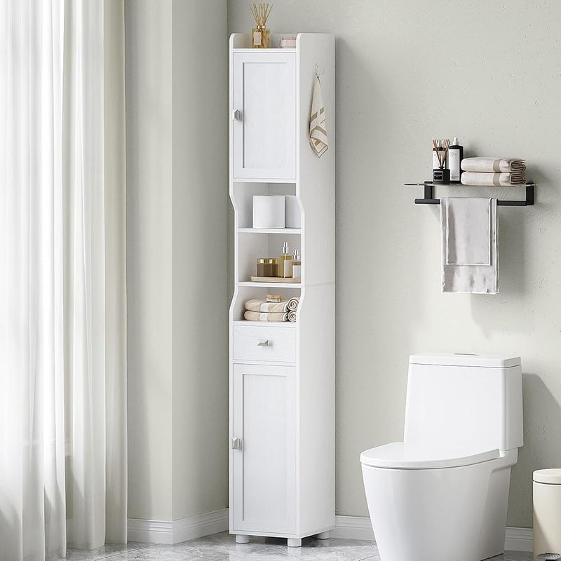 Meuble de rangement salle de bain haut 180 cm – 2 portes, 1 tiroir, étagères réglables – Design moderne blanc – Pour espaces confinés - Image 2
