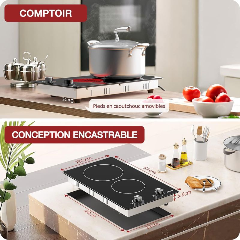 Iseasy – Plaque vitrocéramique 2 foyers 3200W – Encastrable avec 11 niveaux de cuisson – Sécurité enfants et protection contre surchauffe - Image 3