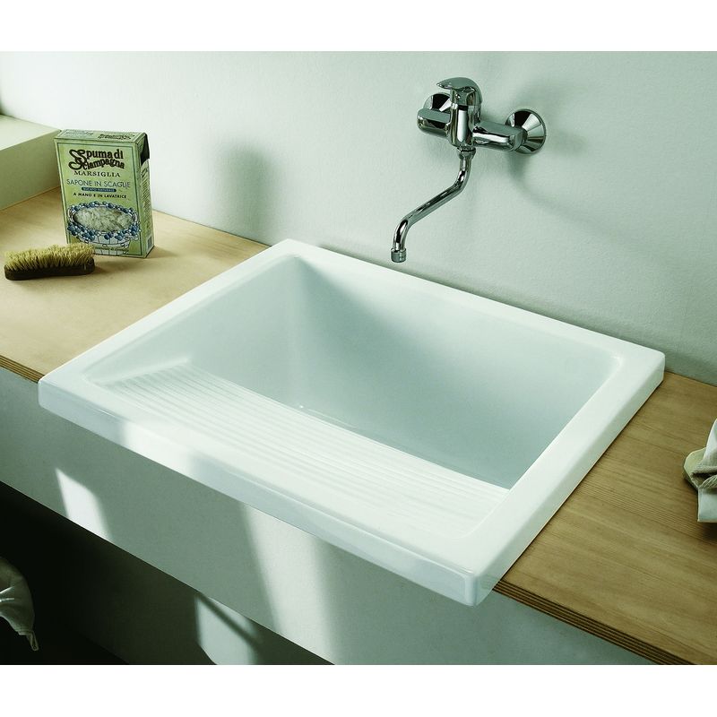Indusa – Bac à laver en grès émaillé 39 x 60,5 cm – Profondeur cuve 34 cm – Couleur blanc brillant – Bac nu percé sans trop-plein - Image 5