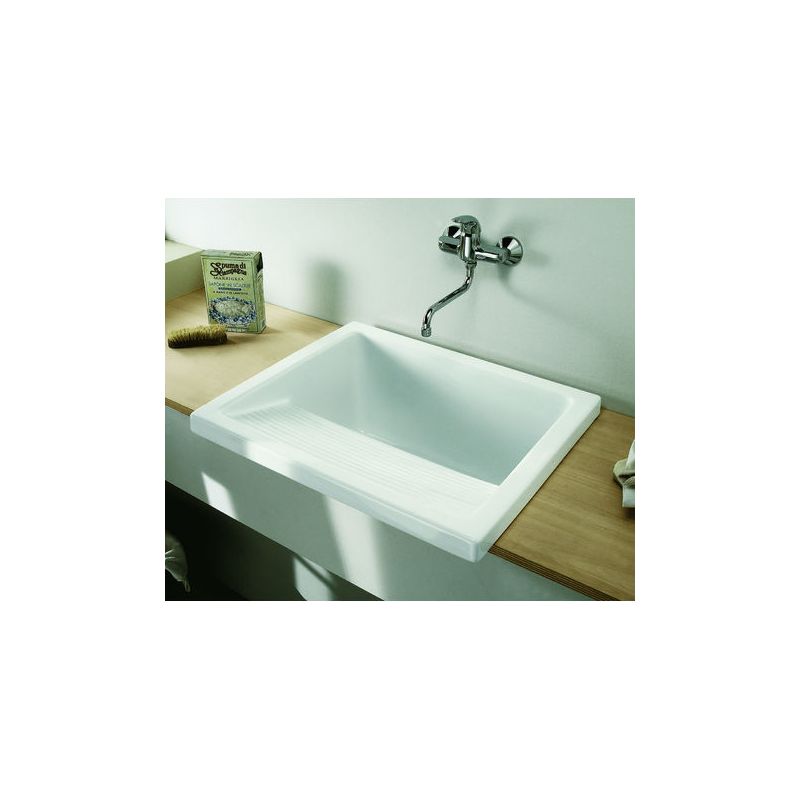 Indusa – Bac à laver en grès émaillé 39 x 60,5 cm – Profondeur cuve 34 cm – Couleur blanc brillant – Bac nu percé sans trop-plein - Image 4