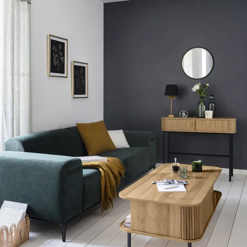 Atmosphera – Table basse fixe 120x60cm – 2 portes coulissantes – MDF et acier – Style scandinave – Rangement pour magazines et télécommandes - Image 3