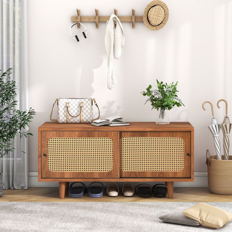 Okwish – Meuble à chaussures en rotin – 2 portes – étagère réglable – couleur noyer – dimensions 104x40x48 cm – panneau de particules moderne - Image 3