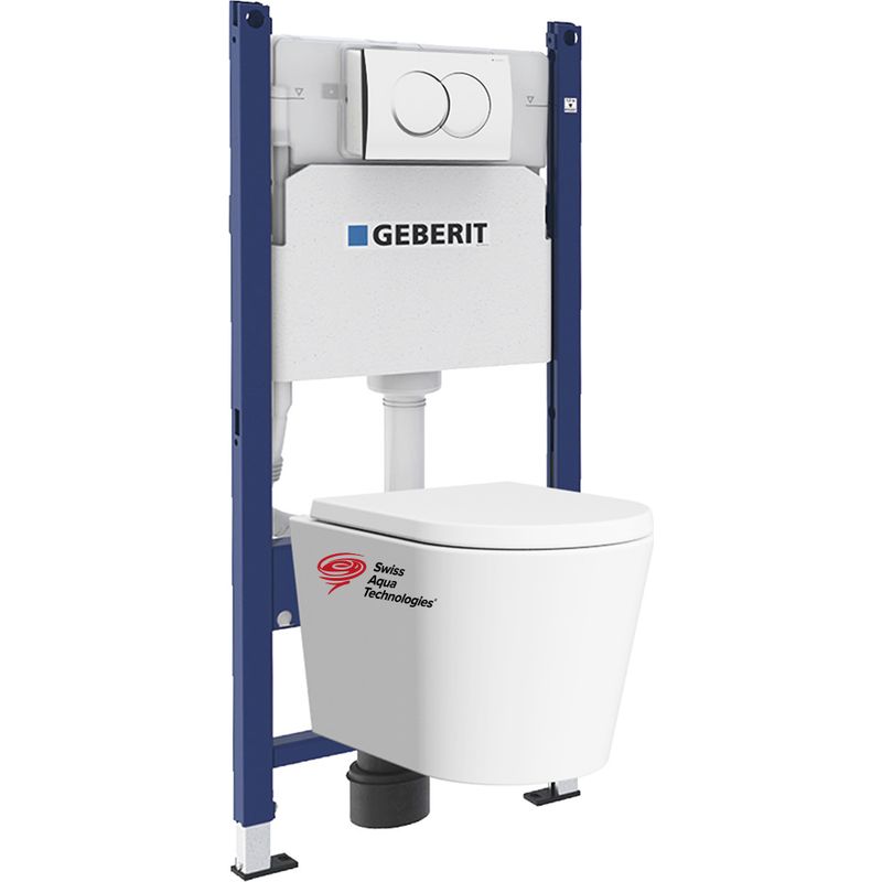 Pack Bati-support GEBERIT 112cm + Cuvette Swiss Aqua Technologies sans bride + Plaque blanche (SATrimlessGeb3)