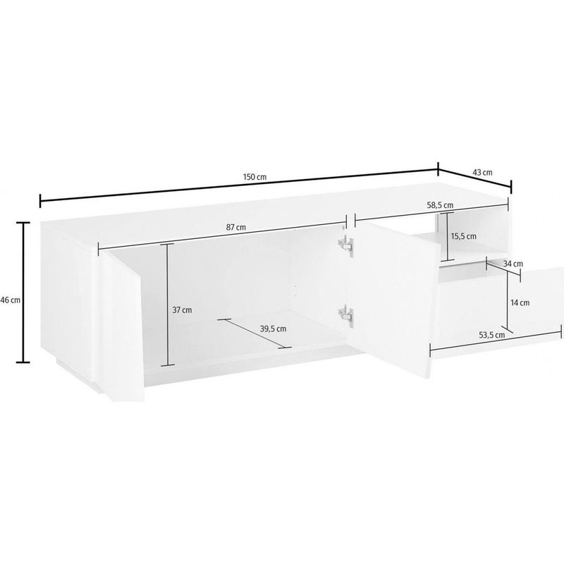 Dmora – Meuble TV moderne 150x43x46 cm – 2 portes battantes – 1 tiroir – Panneaux mélaminés FSC – Résistant aux chocs et rayures – Blanc brillant - Image 3