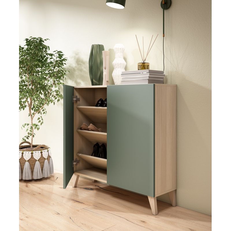 Meuble à chaussures en mélamine 87x90x27 cm – Noyer clair – 2 portes – Capacité 14-16 paires – Design scandinave moderne – Herdasa - Image 2