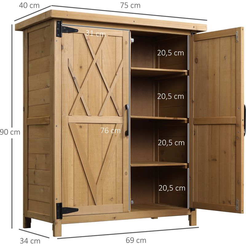 Outsunny – Armoire de jardin en bois de sapin – 2 portes – 3 étagères – Toit en tôle galvanisée – Dimensions 75 x 40 x 90 cm – Couleur jaune - Image 5