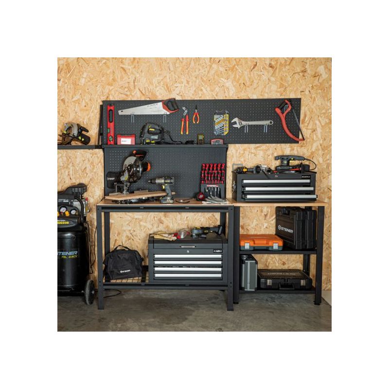 Établi modulable en bois d'hévéa 115x54cm – Charge max 300Kg – Châssis métallique noir mat – Panneau perforé pour rangement – Feroce - Image 3