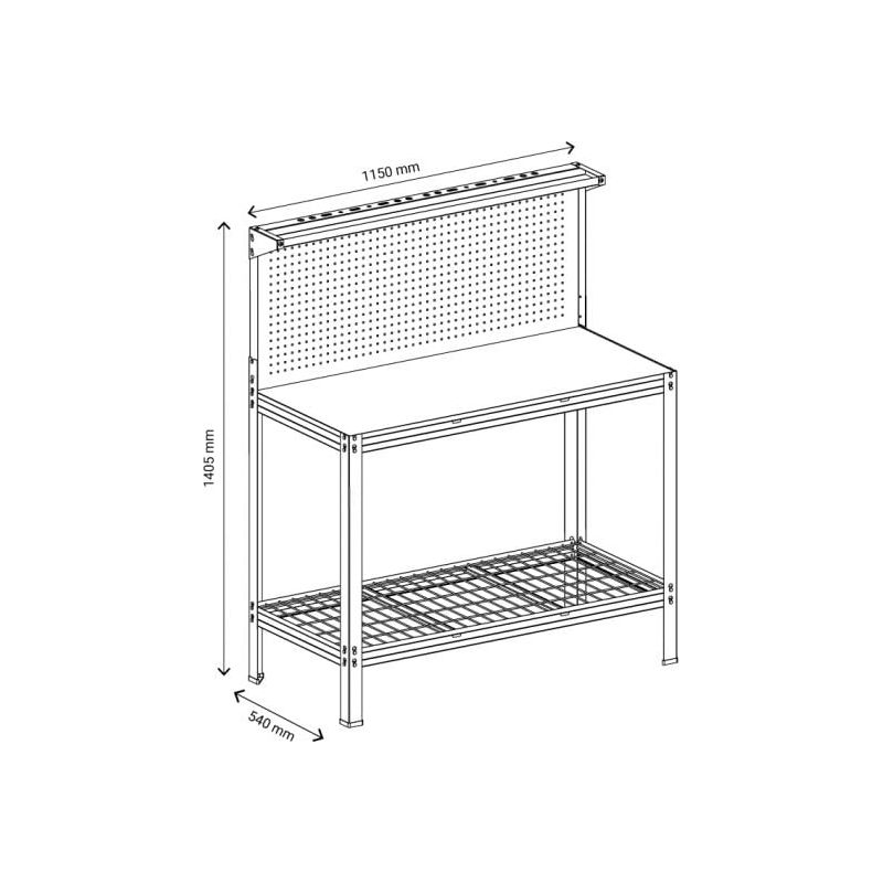 Établi modulable en bois d'hévéa 115x54cm – Charge max 300Kg – Châssis métallique noir mat – Panneau perforé pour rangement – Feroce - Image 2