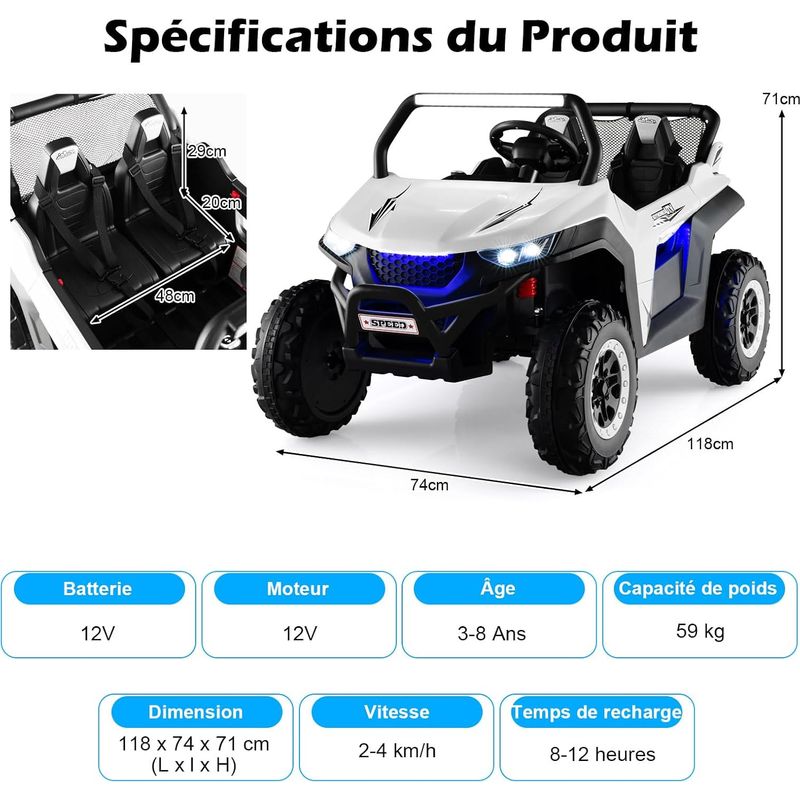 COSTWAY Voiture Electrique Enfant 12 V avec 2 Places et Télécommande 2,4G, Quad Électrique avec Démarrage Lent pour 3-8 Ans,Vitesses 2-4 - Image 3