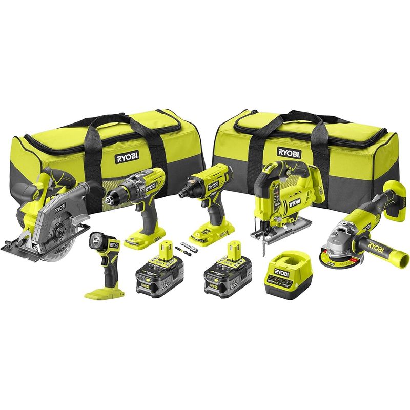 Ryobi – Pack de 6 outils électroportatifs 18V – Perceuse à percussion, visseuse à chocs, meuleuse 115mm, scie sauteuse, scie circulaire – 2 - Image 2