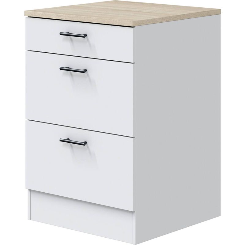 Dmora – Cuisine complète 3 tiroirs 3 étagères blanc brillant – Meuble pour évier 80x60h90 – Pieds réglables – Charnières métal – Guides Soft Close - Image 5