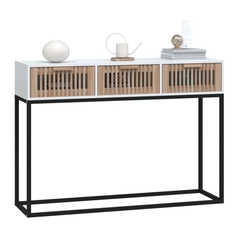 Vidaxl – Table console blanche 105x30x75 cm – Bois d'ingénierie résistant à l'humidité – Pieds en métal pour stabilité – 3 tiroirs de rangement - Image 2