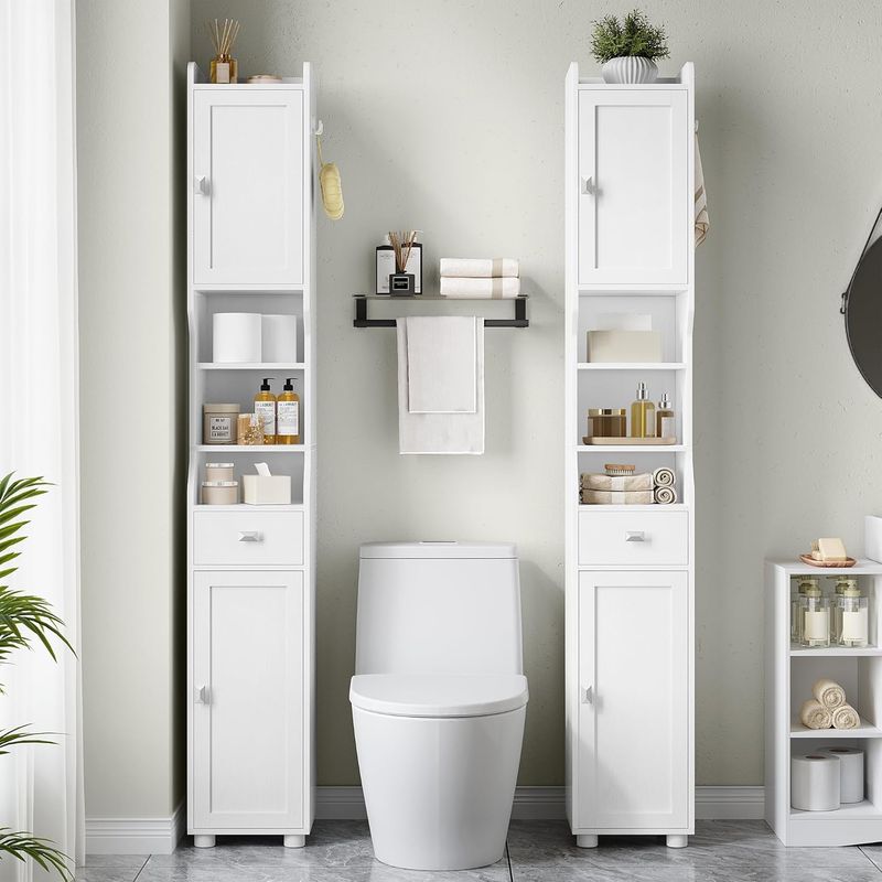 Meuble de rangement salle de bain haut 180 cm – 2 portes, 1 tiroir, étagères réglables – Design moderne blanc – Pour espaces confinés - Image 4