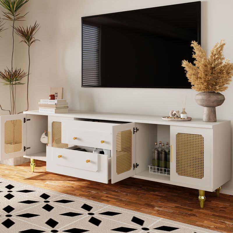 Neche – Meuble TV vintage blanc avec 2 tiroirs et 2 compartiments – Portes en rotin PVC – Dimensions 177x38x53cm – Pieds dorés élégants - Image 4