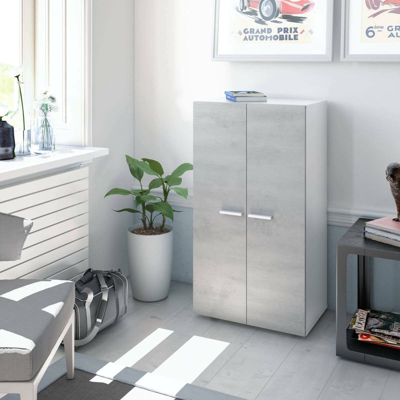 Dmora – Armoire à chaussures basse 2 portes – 6 étagères modulables – Dimensions 75x36x101 cm – Bois lamellé résistant aux chocs – Blanc et gris - Image 4