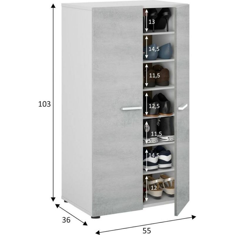 Dmora – Armoire à chaussures basse 2 portes – 6 étagères modulables – Dimensions 75x36x101 cm – Bois lamellé résistant aux chocs – Blanc et gris - Image 3