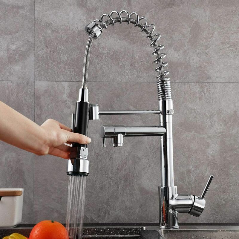 Robinet de cuisine avec douchette intégrée en laiton gris - Image 5