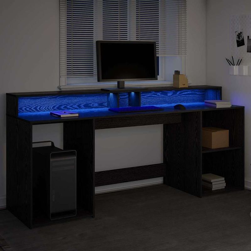 Vidaxl – Bureau droit avec porte en bois d'ingénierie chêne noir 200 x 55 x 91 cm – Éclairage LED intégré – Rangement optimisé avec tiroirs et - Image 5