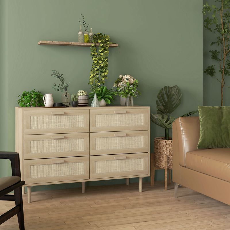 Homcom – Commode enfant 6 tiroirs en rotin – Dimensions 110L x 40l x 75H cm – Meuble de rangement élégant en bois clair – Dispositif - Image 2