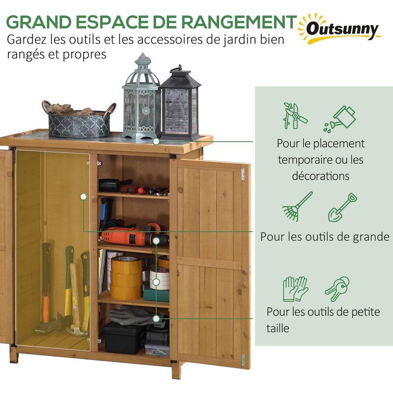 Outsunny – Armoire de jardin en bois de sapin – 2 portes – 3 étagères – Toit en tôle galvanisée – Dimensions 75 x 40 x 90 cm – Couleur jaune - Image 3