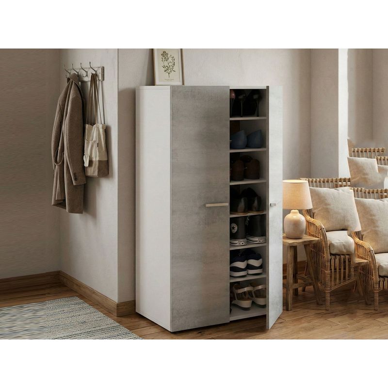 Dmora – Armoire à chaussures basse 2 portes – 6 étagères modulables – Dimensions 75x36x101 cm – Bois lamellé résistant aux chocs – Blanc et gris - Image 5