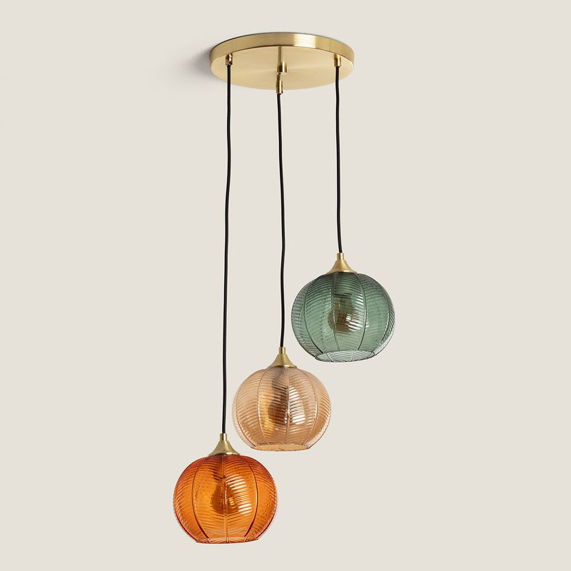 Ledkia – Suspension en verre Tri Klimt multicolore – Abat-jours sphériques en verre – Finition dorée – Compatible ampoules E27 - Image 2