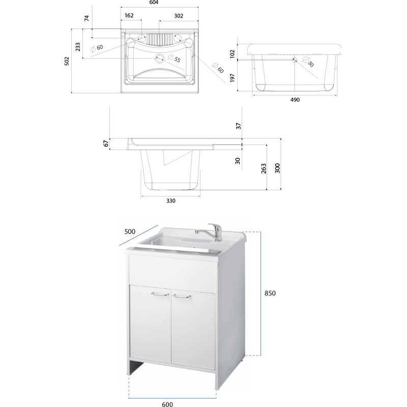 Negrari – Meuble double vasque en PVC effet chêne – 2 portes – Bac en polypropylène avec planche à laver – Kit de vidange auto-nettoyant - Image 2