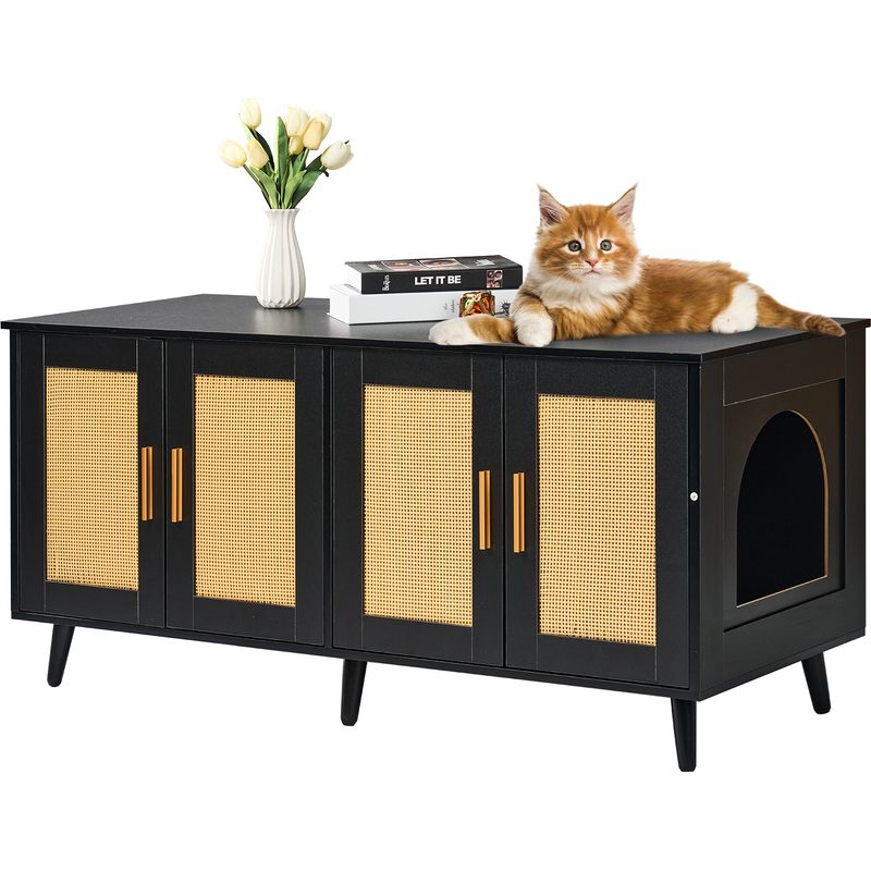 VEVOR Meuble Cache Bac a Litiere pour 2 Chats, Maison de Toilette pour Chat avec Portes Decorees en Rotin, Armoire en Bois pour Cacher Plupart Vase