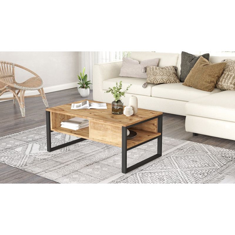 Cotecosy – Table basse fixe 2 niveaux 100×59,7×44,4 cm – Décor effet chêne et noir – Panneaux de particules 18 mm – Idéale pour rangement livres et - Image 5