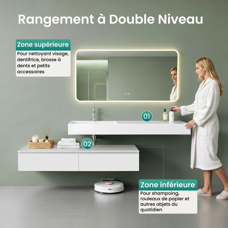 Mai & Mai Meuble de Salle de Bain Blanc Mat Ensemble de 3 Pièces Meuble avec Lavabo 150cm et LED Miroir Design Up avec 2 Grands Tiroirs - Image 4