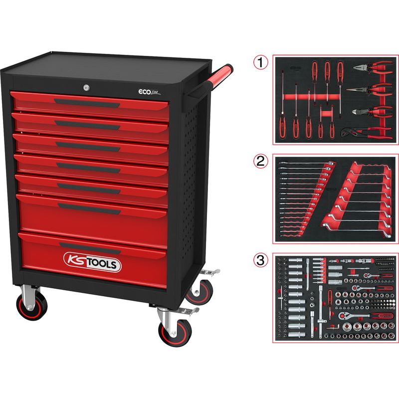 Ks Tools – Servante d'atelier roulante 7 tiroirs – Acier 0,8mm – Charge 300kg – Dimensions L748 x H1014 x P459mm – Système de fermeture SOFT CLOSE - Image 4