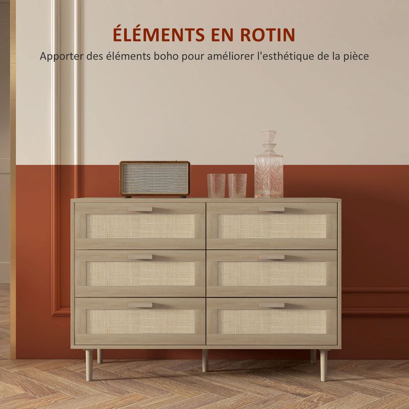 Homcom – Commode enfant 6 tiroirs en rotin – Dimensions 110L x 40l x 75H cm – Meuble de rangement élégant en bois clair – Dispositif - Image 4